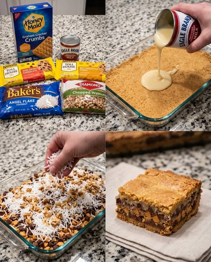 Delicious classic 7-layer magic bars stacked ready to enjoy