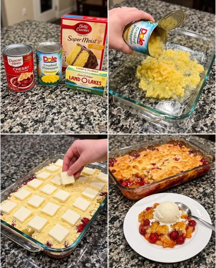Delicious Classic Cherry Pineapple Dump Cake with vibrant cherries and pineapple.