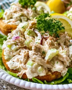 Bowl of Classic Creamy Chicken Salad garnished with fresh herbs
