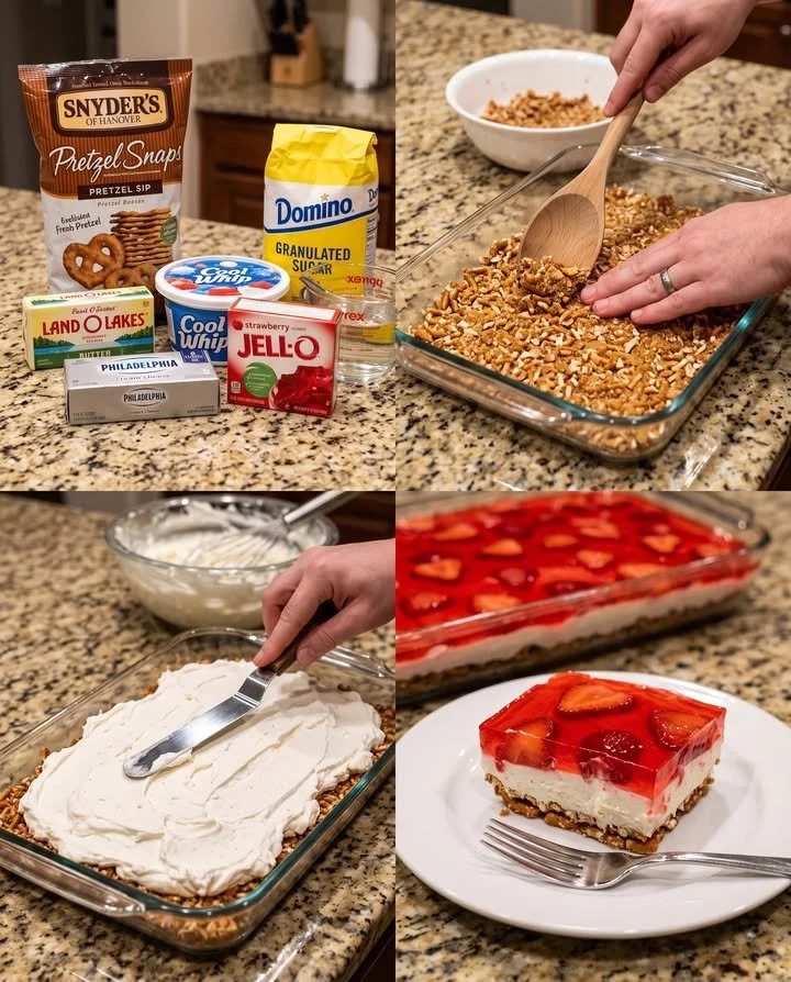 A delicious bowl of Classic Strawberry Pretzel Salad with vibrant strawberries and pretzel crust.