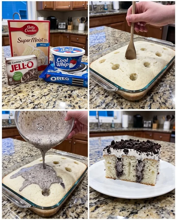 Delicious Cookies & Cream Poke Cake topped with chocolate and cookie crumbles