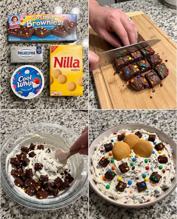 Delicious Cosmic Brownie Dessert Dip served with colorful sprinkles and snacks