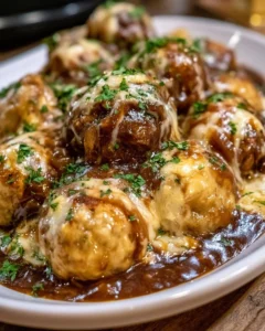 Delicious Crock Pot French Onion Meatballs served with melted cheese