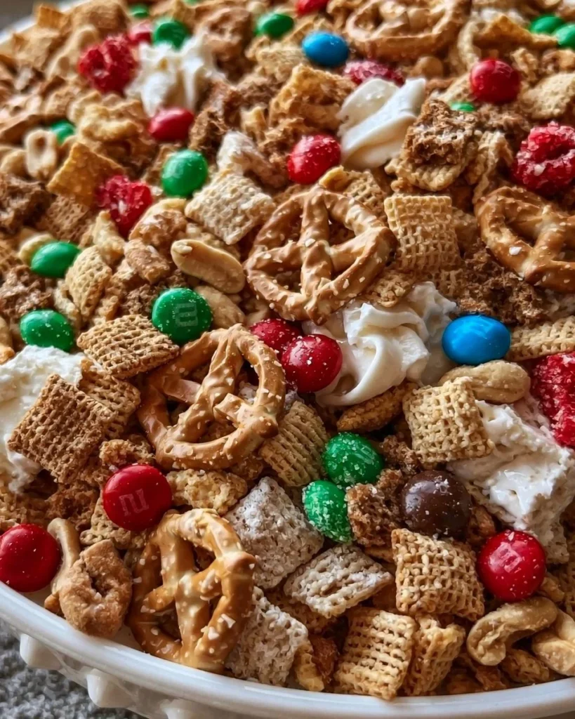 Delicious homemade Crack Chex Mix with a mix of cereals and snacks