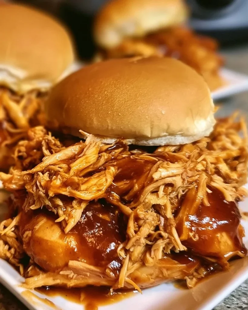 Delicious crock pot BBQ pulled chicken served with coleslaw and buns