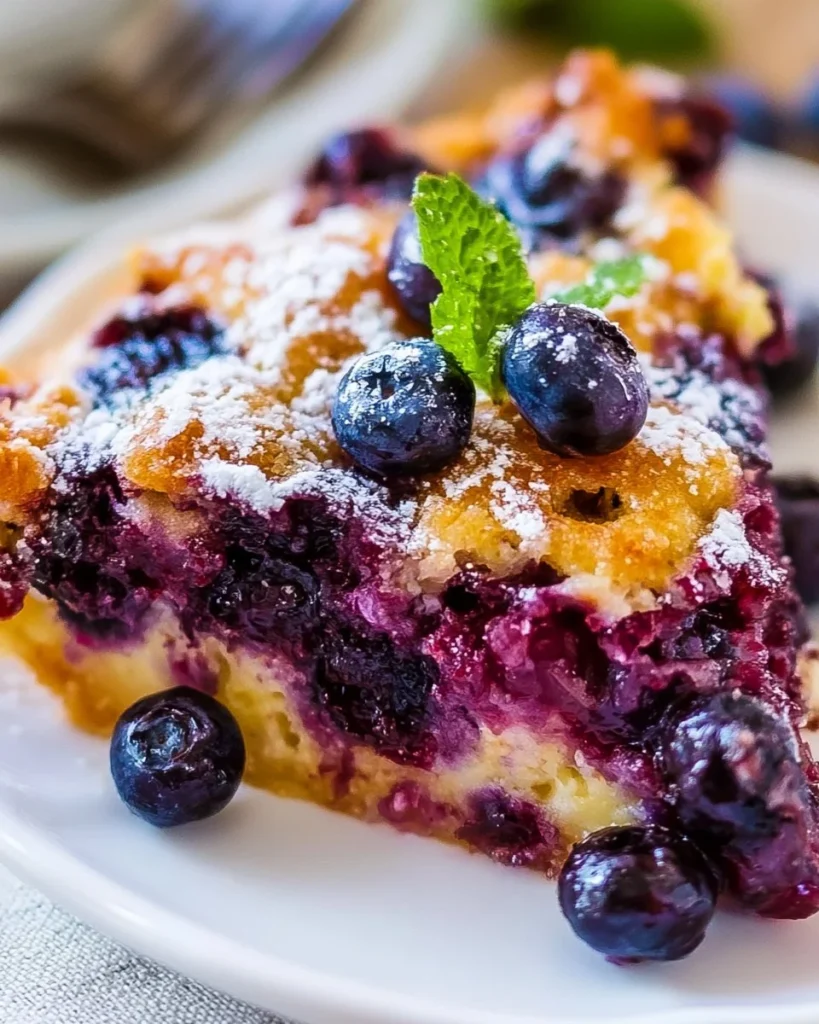 Crustless blueberry pie served on a plate with fresh blueberries