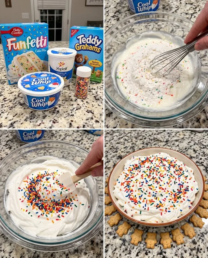 Delicious Dunkaroos Funfetti Cake Batter Dip served with colorful sprinkles.