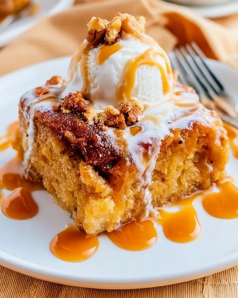 Delicious easy caramel pudding cake topped with rich caramel sauce
