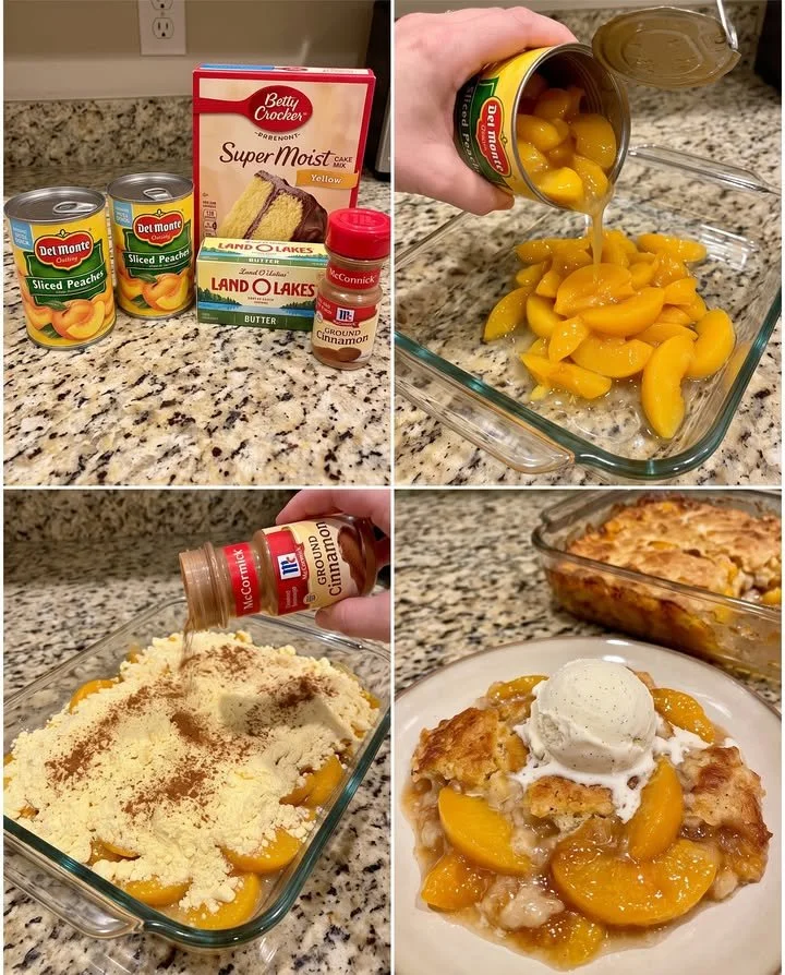 Delicious Easy Peach Cobbler Dump Cake served in a bowl with ice cream.