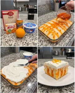 Fanta Orange Creamsicle Poke Cake topped with orange cream and slices of orange.