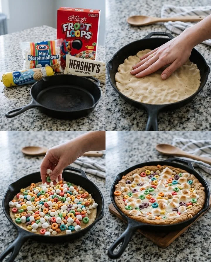 Froot Loops marshmallow skillet cookie topped with colorful cereal and melted marshmallows.
