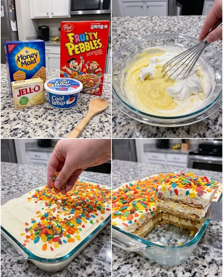 Delicious Fruity Pebbles Icebox Cake topped with colorful cereal and whipped cream