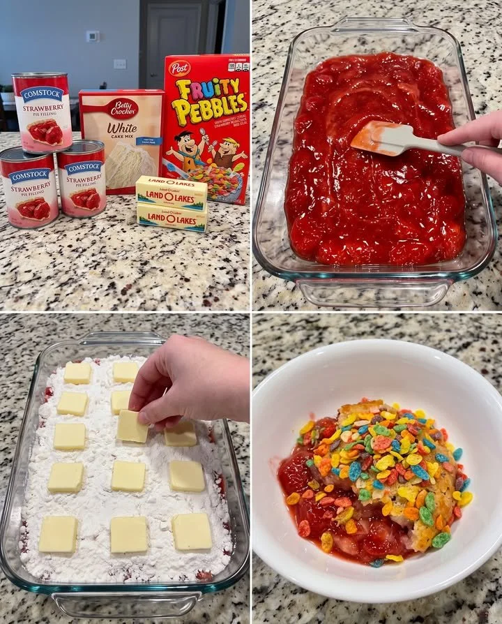 Fruity Pebbles Strawberry Dump Cake topped with colorful cereal and strawberries