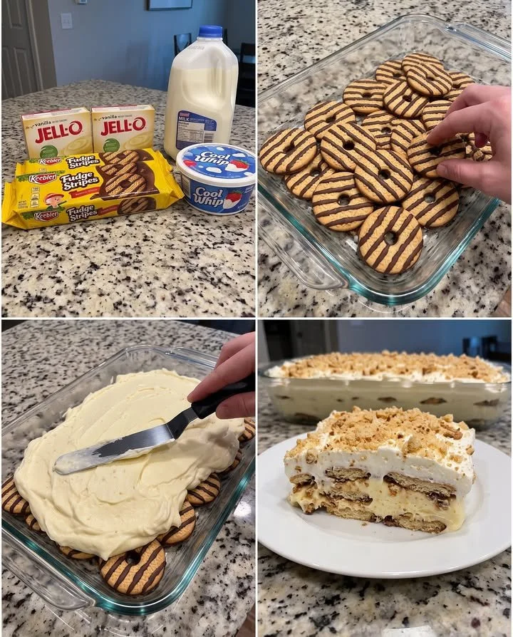Fudge Stripes Icebox Cake garnished with chocolate and whipped cream.