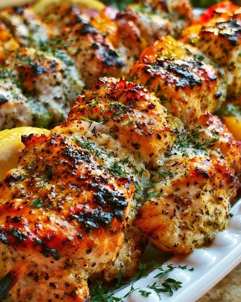 Delicious Greek Chicken Kabobs arranged on a platter with fresh vegetables.