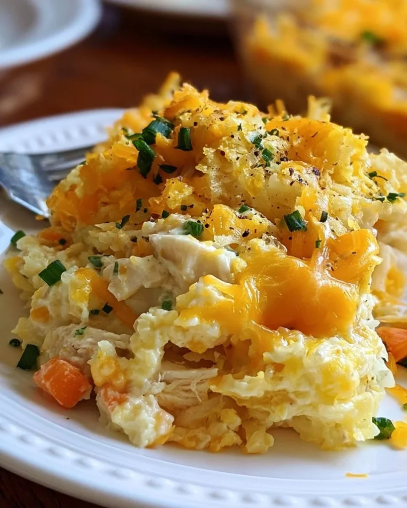 Delicious Hash Brown Chicken Casserole served in a baking dish