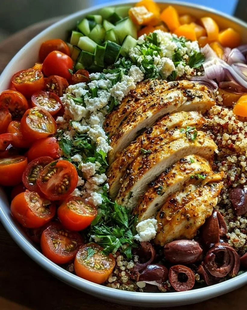 Healthy Mediterranean Chicken Bowls with colorful vegetables and grains.