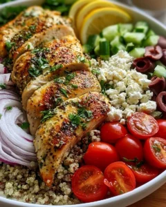 Delicious High Protein Mediterranean Chicken Bowls with fresh vegetables and grains