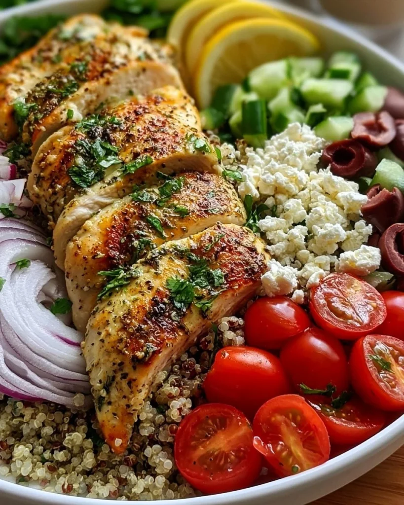Delicious High Protein Mediterranean Chicken Bowls with fresh vegetables and grains