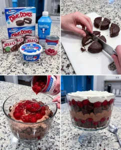Delicious Hostess Ding Dong Cherry Trifle dessert topped with cherries and whipped cream.