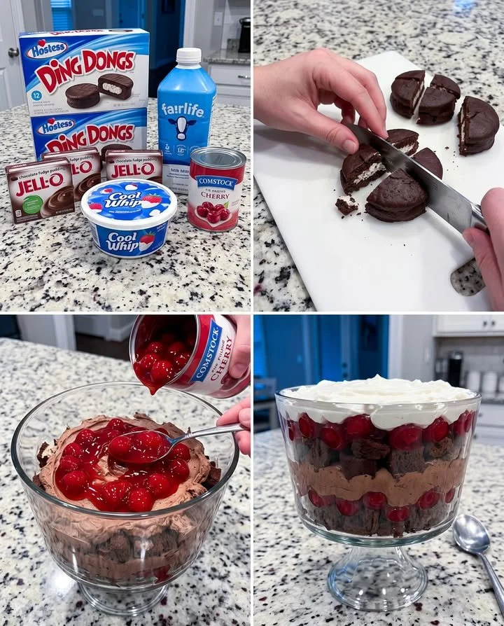 Delicious Hostess Ding Dong Cherry Trifle dessert topped with cherries and whipped cream.