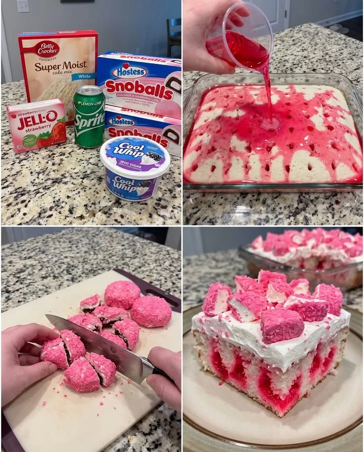 Delicious pink velvet poke cake inspired by Hostess Sno Balls, topped with marshmallow frosting.