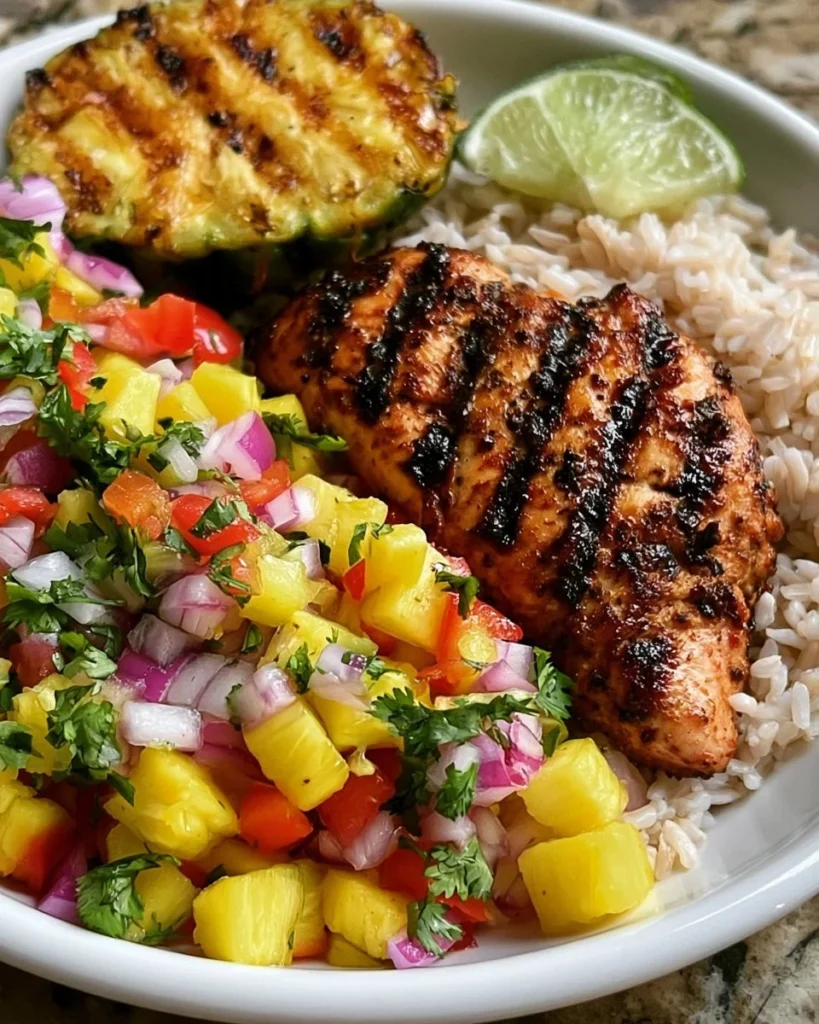 Jerk chicken bowl with pineapple salsa and fresh ingredients