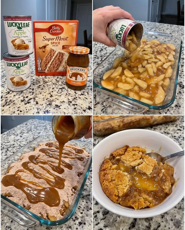 Lazy Man's Caramel Apple Dump Cake topped with caramel sauce and apple slices