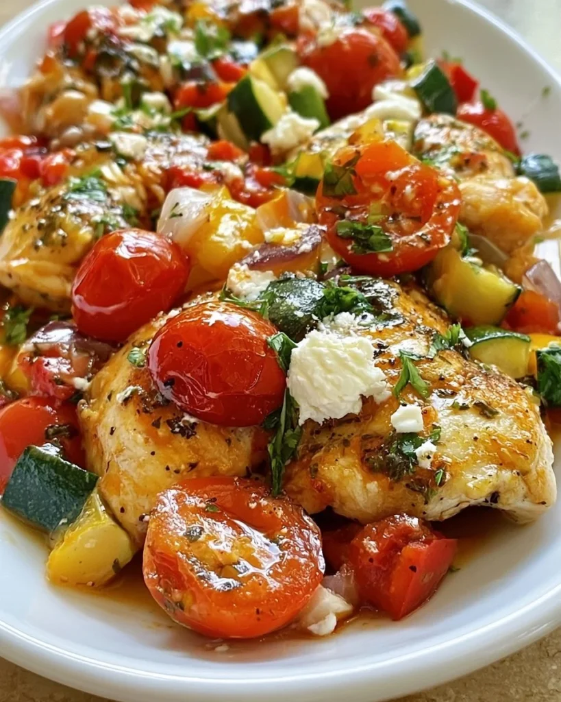 Mediterranean low carb chicken casserole topped with fresh herbs and veggies