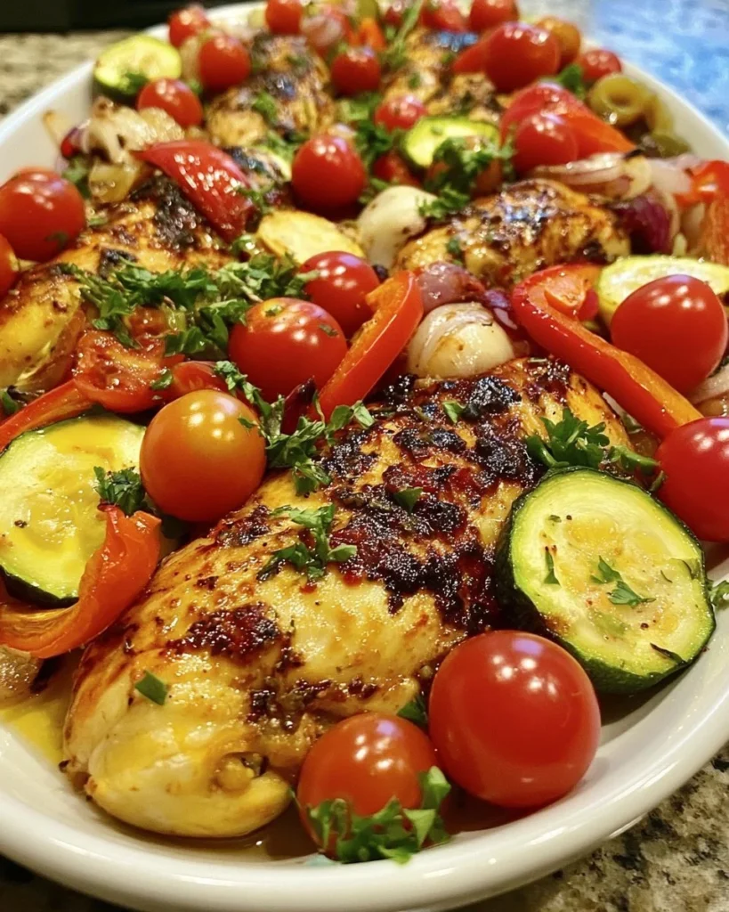 Plate of Mediterranean roasted chicken breasts with herbs and vegetables