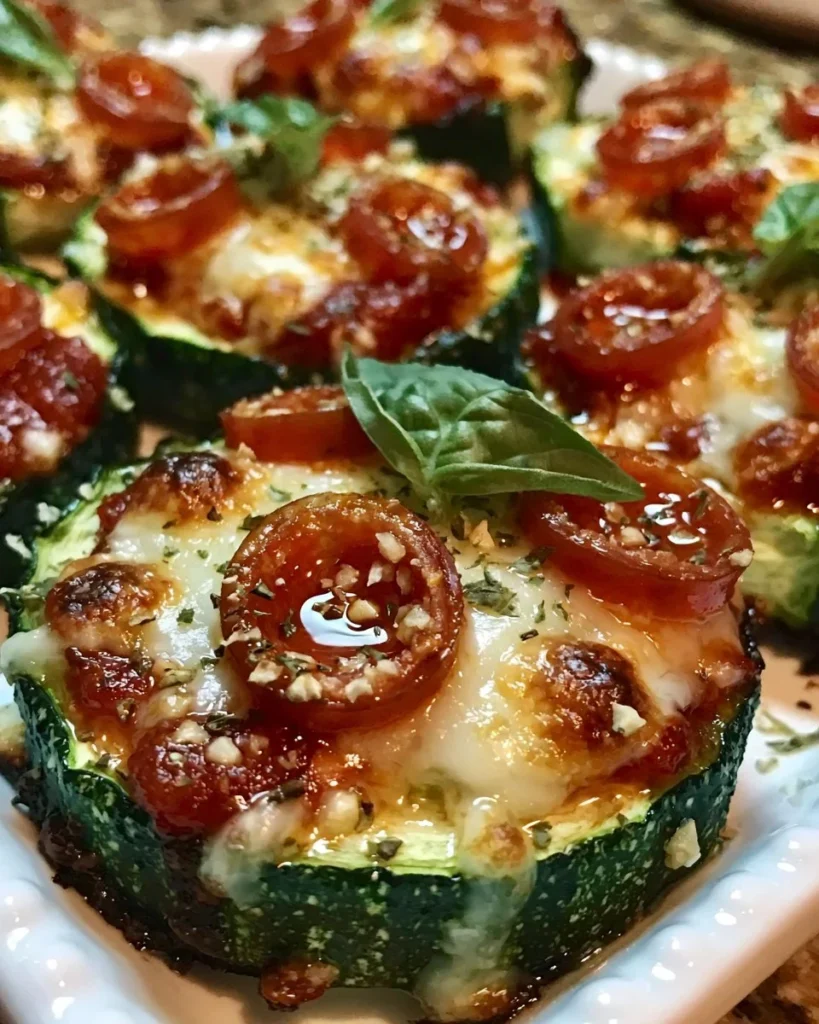 Mini zucchini pizzas topped with cheese and vegetables on a wooden platter.