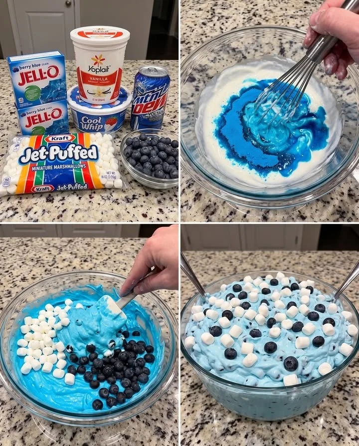 Mountain Dew Voltage Blueberry Fluff beverage with vibrant blue color.