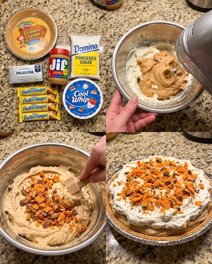 Delicious No-Bake Butterfinger Pie topped with crushed Butterfinger candy
