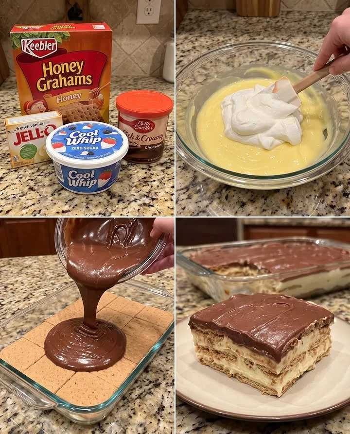 Delicious no-bake classic eclair cake layered with cream and chocolate