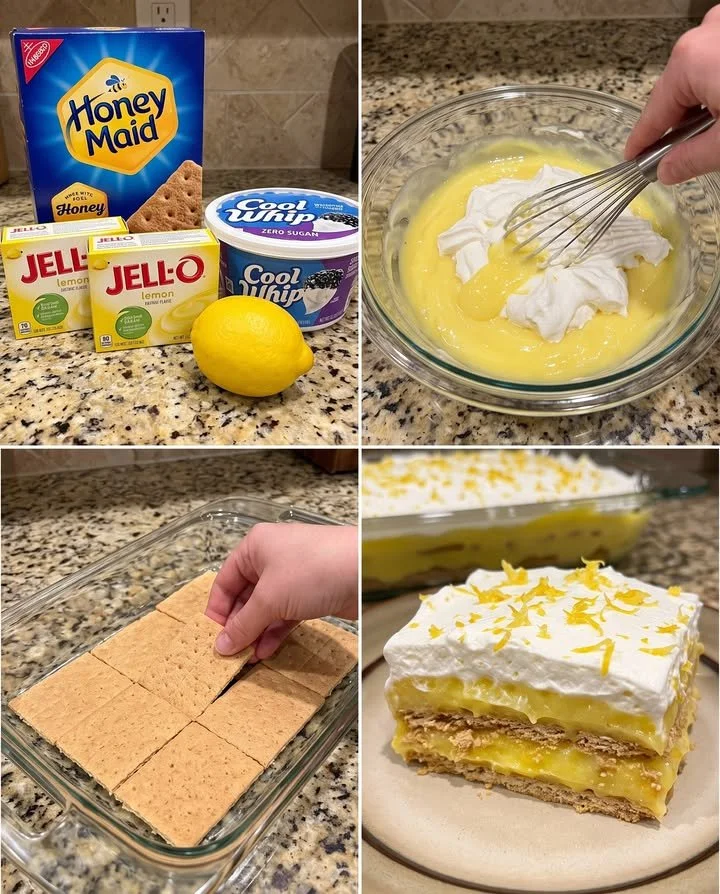 No-bake lemon icebox cake topped with lemon slices and whipped cream