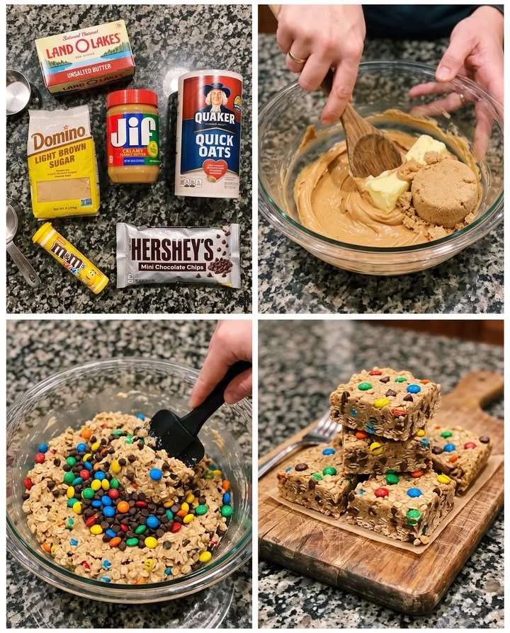 Delicious no-bake monster cookie dough bars topped with colorful candies.
