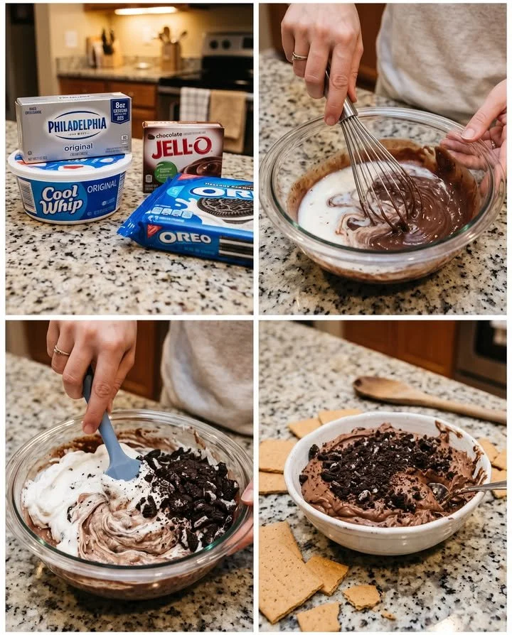 Delicious No-Bake Oreo Dirt Cake Dip served in a bowl with Oreo crumbs and chocolate.