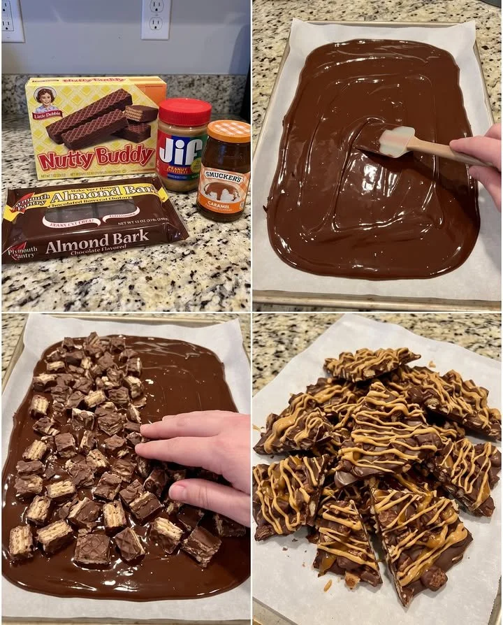 Homemade Nutty Buddy Caramel Bark topped with nuts and melted chocolate
