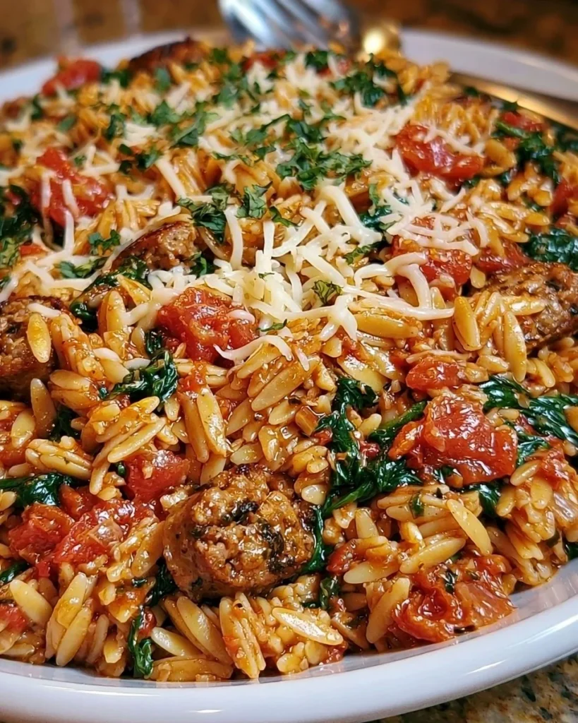Orzo and sausage bake with spinach served in a dish