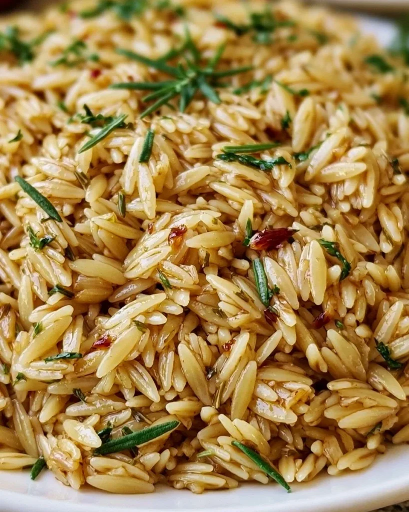 Plate of orzo rice pilaf with garlic and herbs garnished with fresh parsley
