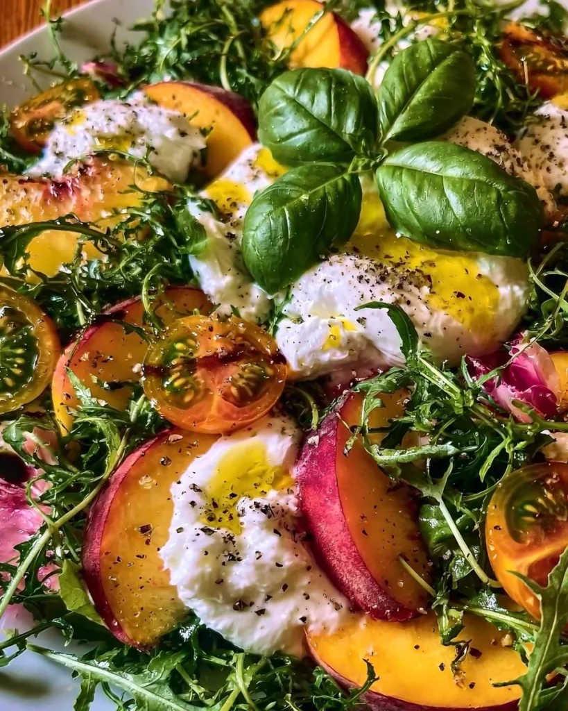A delicious Peach Burrata Salad featuring fresh peaches, creamy burrata, and vibrant greens.