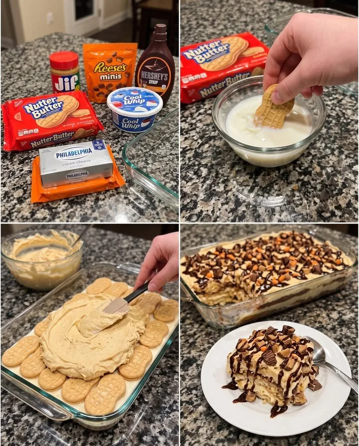 Delicious Peanut Butter Cup Icebox Lasagna layered with creamy filling and chocolate