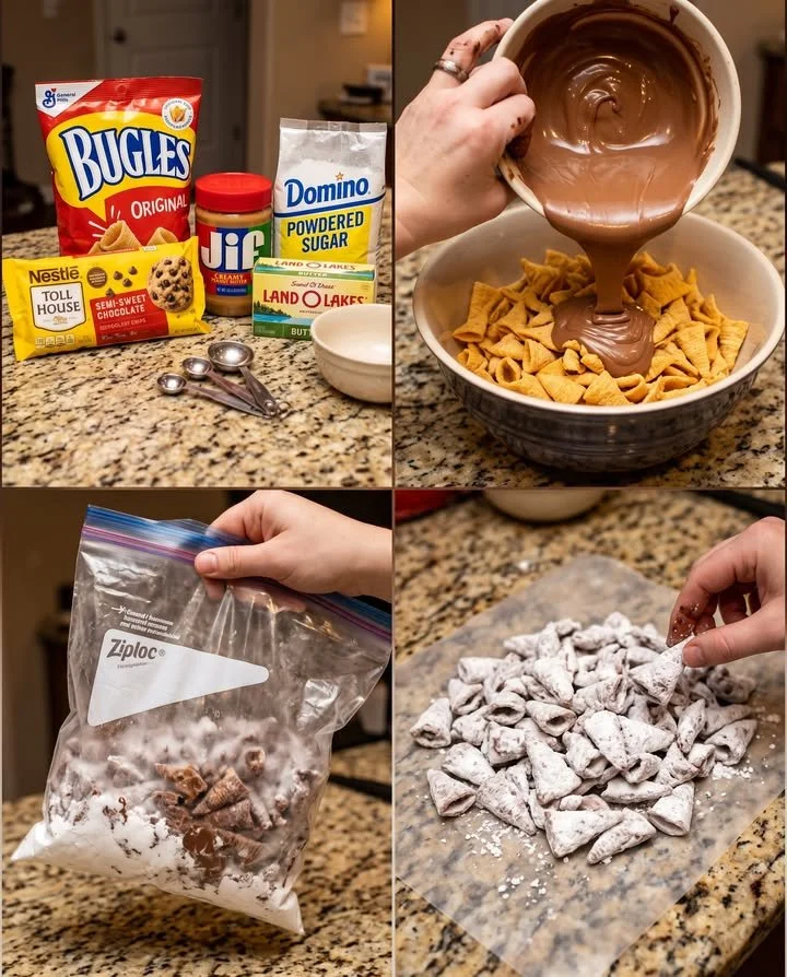 Bowl of Peanut Butter Muddy Bugles snack mix with chocolate coating