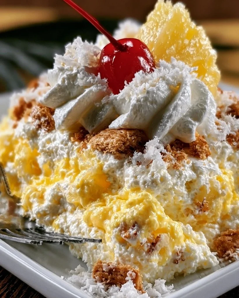 Delicious Pineapple Cheesecake Fluff served in a bowl, topped with pineapple slices.