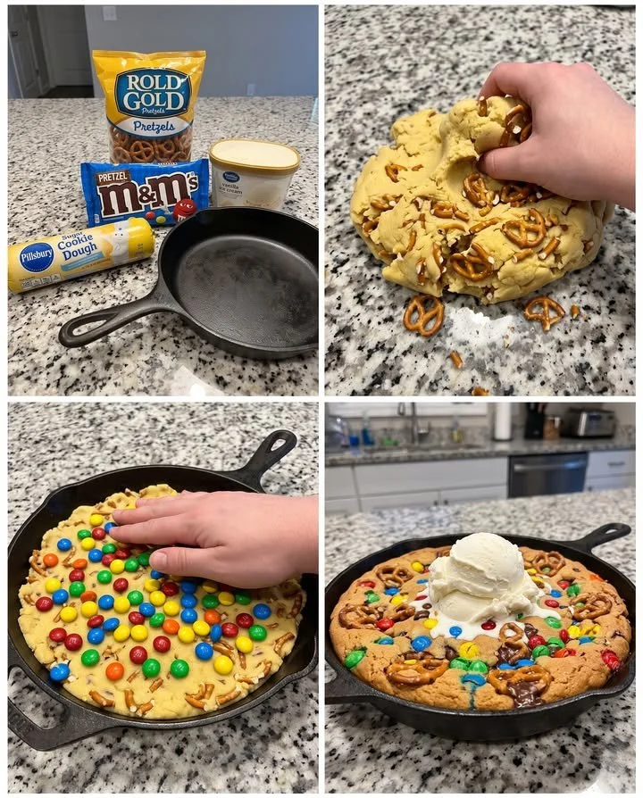 Delicious Pretzel M&M's skillet cookie fresh out of the oven