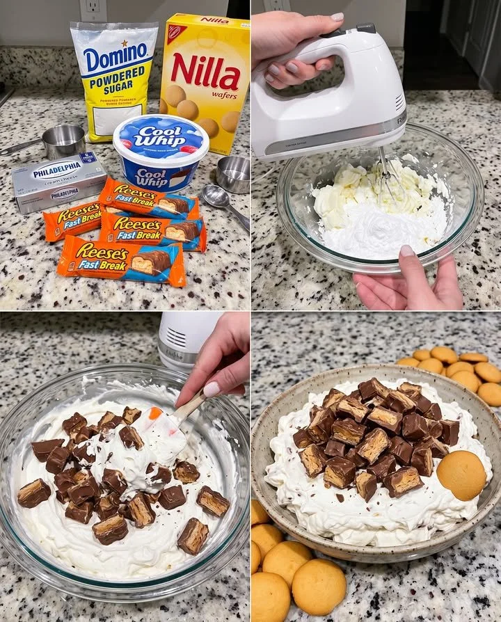 Delicious Reese's Fast Break Cheesecake Dip served with chocolate and peanut butter