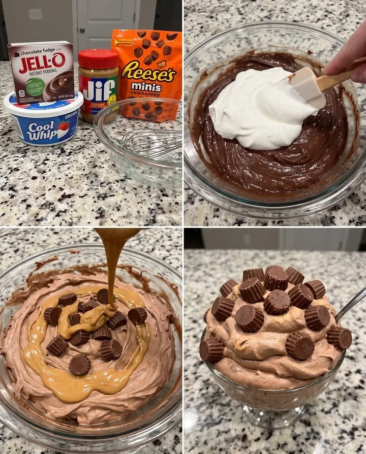 Delicious Reese's Peanut Butter Cup Fluff dessert in a bowl