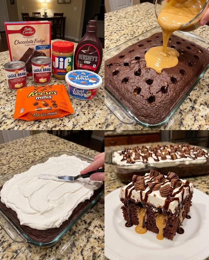 Delicious Reese's Peanut Butter Poke Cake topped with creamy peanut butter frosting.