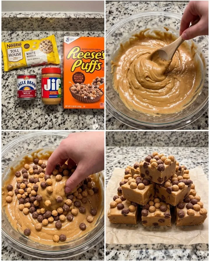 Delicious Reese's Puffs Peanut Butter Fudge with creamy texture and crunchy bits