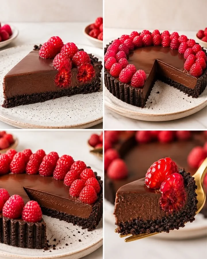 Deliciously rich chocolate raspberry tart garnished with fresh raspberries.
